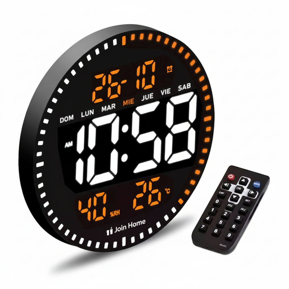 שעון קיר דיגיטלי עגול עם תצוגת LED כתומה