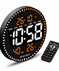 שעון קיר דיגיטלי עגול עם תצוגת LED כתומה