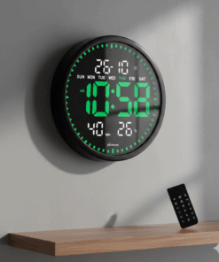 שעון קיר דיגיטלי עגול עם תצוגת LED ירוקה