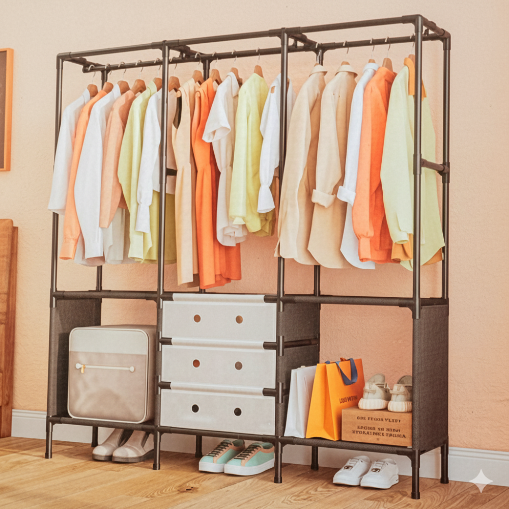 ארון תליה לאחסון ותליית בגדים  | גודל גדול עם כיסוי בד (שחור)