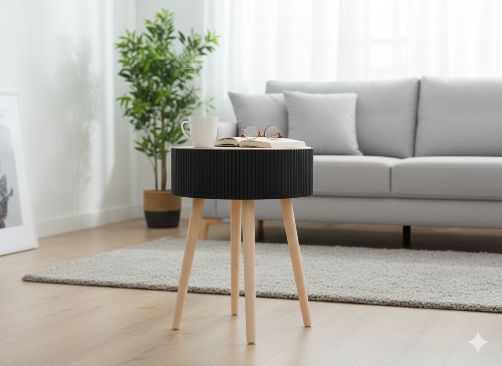 שולחן עגול עם תא אחסון | שחור בשילוב עץ טבעי