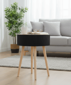 שולחן צד עגול עם תא אחסון | שחור בשילוב עץ טבעי