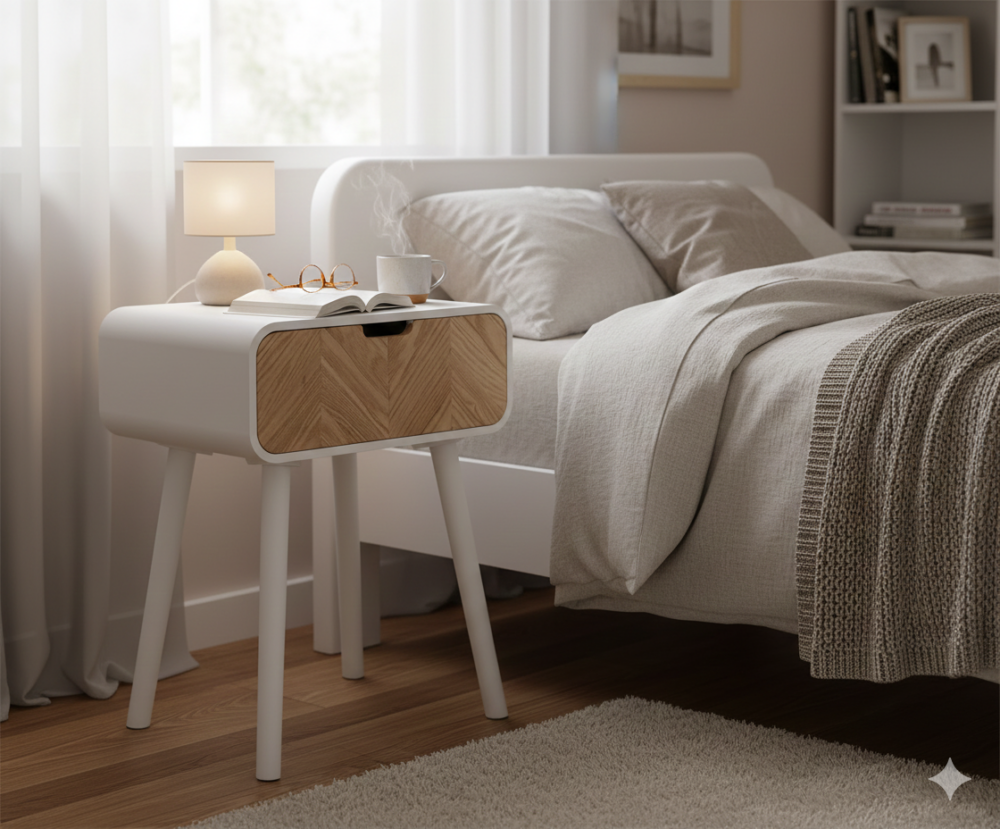 שולחן צד מרובע מעוצב עם תא אחסון נסתר | עיצוב מודרני עץ ולבן