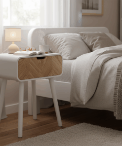 שולחן צד עגול מעוצב עם תא אחסון נסתר | עיצוב מודרני עץ ולבן