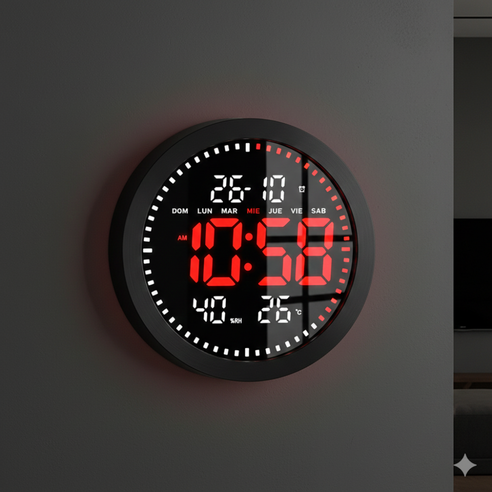שעון קיר דיגיטלי עגול עם תצוגת LED אדומה