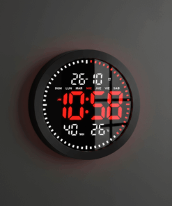 שעון קיר דיגיטלי עגול עם תצוגת LED אדומה