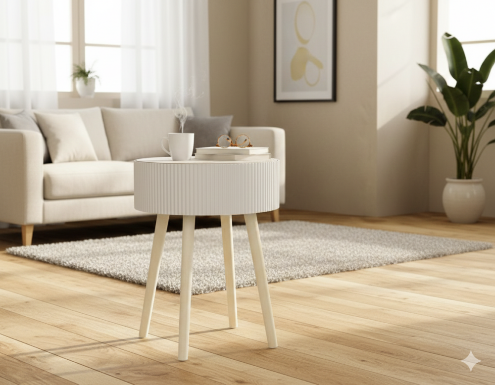 שולחן צד עגול עם תא אחסון | בז בשילוב עץ טבעי