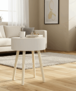 שולחן צד עגול עם תא אחסון | לבן בשילוב עץ טבעי