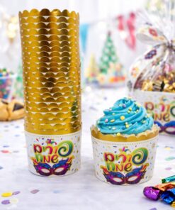 חבילה 40 עטרות קרטון לאפייה פורים שמח – זהב מטאלי (7×5.5 ס"מ)