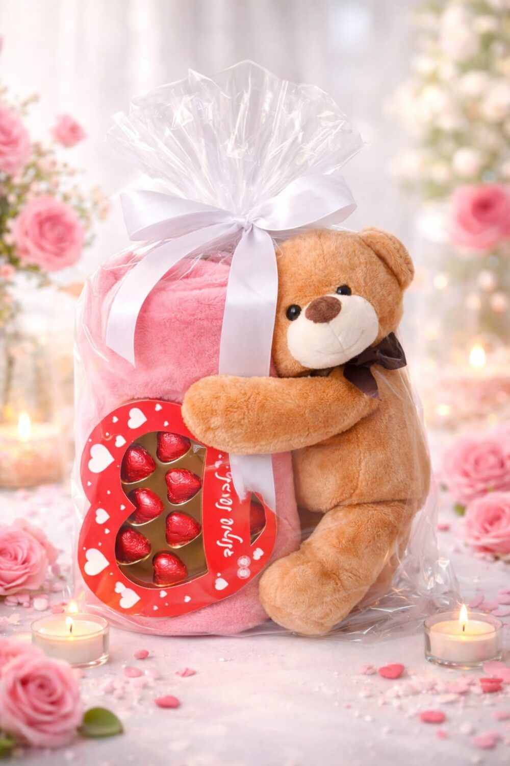 מארז אהבה מפנק – דובי, שמיכת פליז ושוקולדים