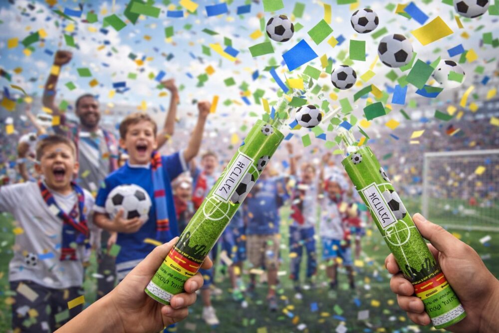 קונפטי מתפוצץ בעיצוב כדורגל – לאווירת ניצחון מושלמת בכל מסיבה ⚽🎉