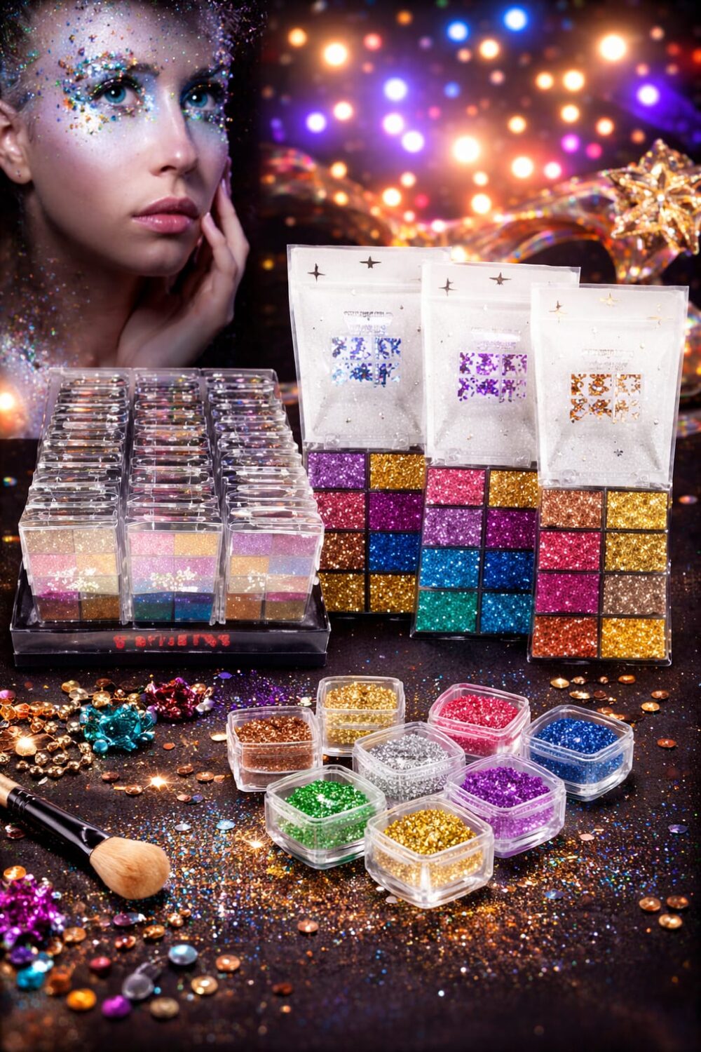 סט 8 גליטר צבעוני ומנצנץ לאיפור פנים וגוף – מושלם לפורים, מסיבות, הופעות ואירועים מיוחדים.