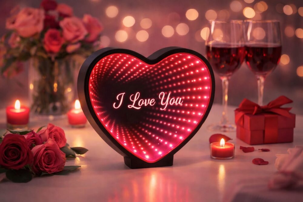 מראת קסם לב עם תאורת LED – אפקט אינסוף מרהיב