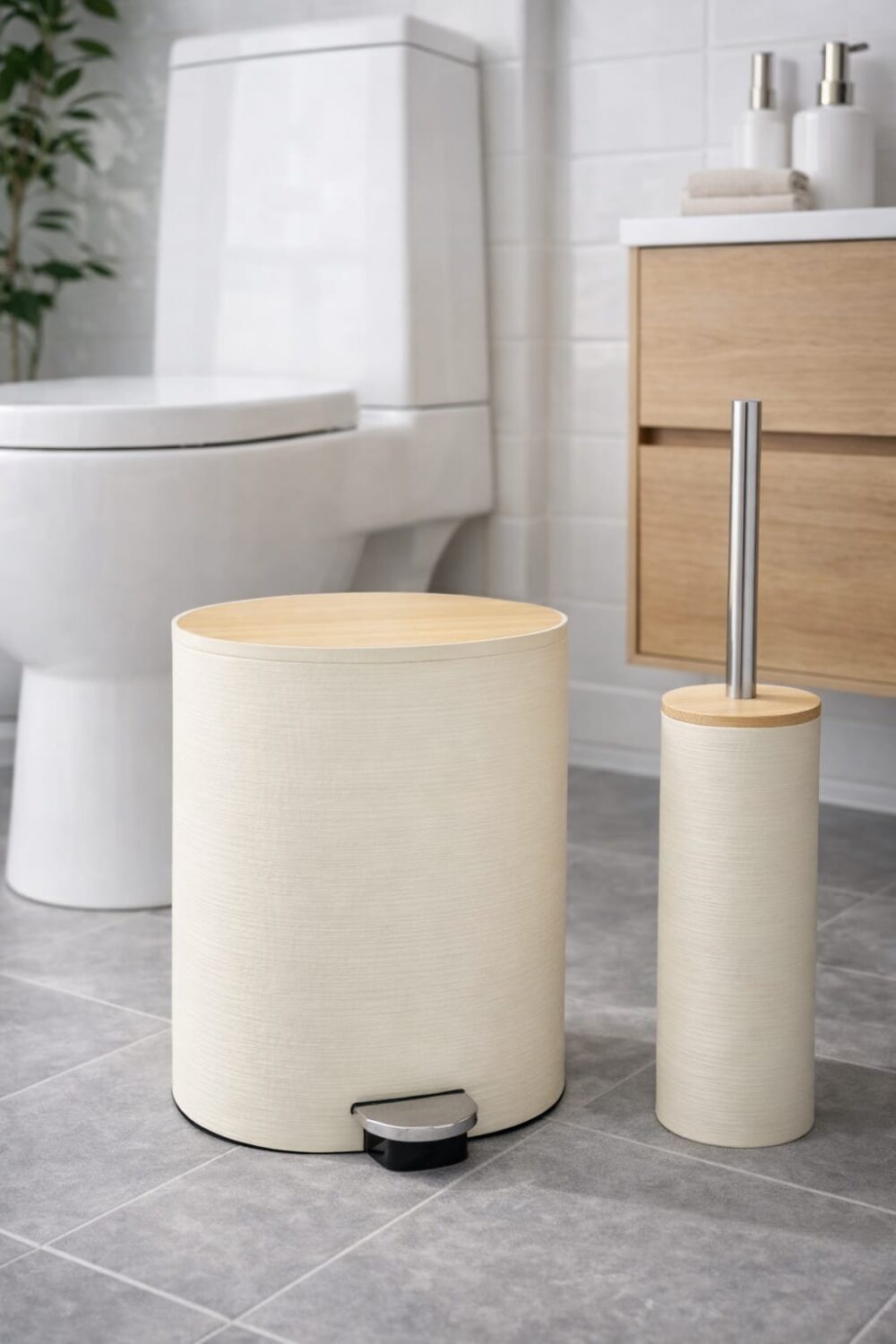 סט מברשת אסלה עם פח – עיצוב דקורטיבי במראה עץ/במבוק.