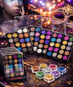 פלטות גליטר צבעוניות לאיפור פנים וגוף – מושלם לפורים, מסיבות ותחפושות עם אפקט נוצץ ומרשים.