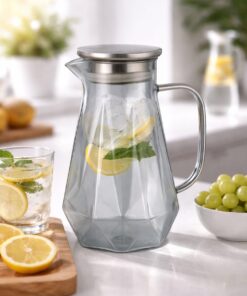 קנקן זכוכית פרימיום גאומטרי 1.5 ליטר – מכסה נירוסטה בעיצוב יוקרתי