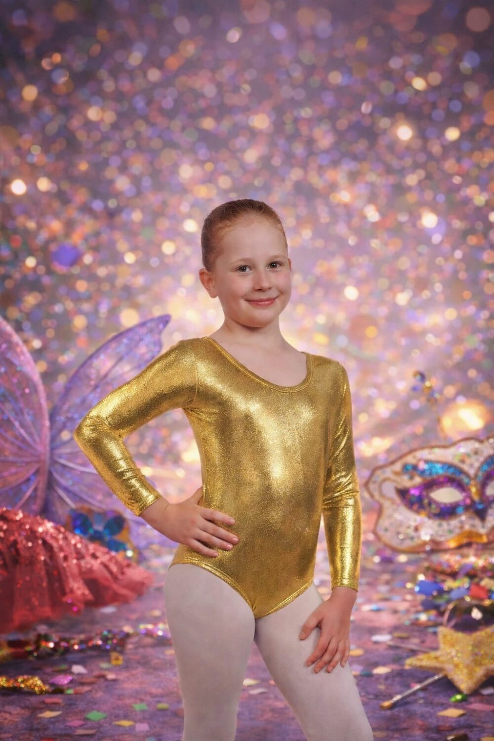 בגד גוף זהב מטאלי לילדות – לפורים / ריקוד / הופעות מידה 10-12