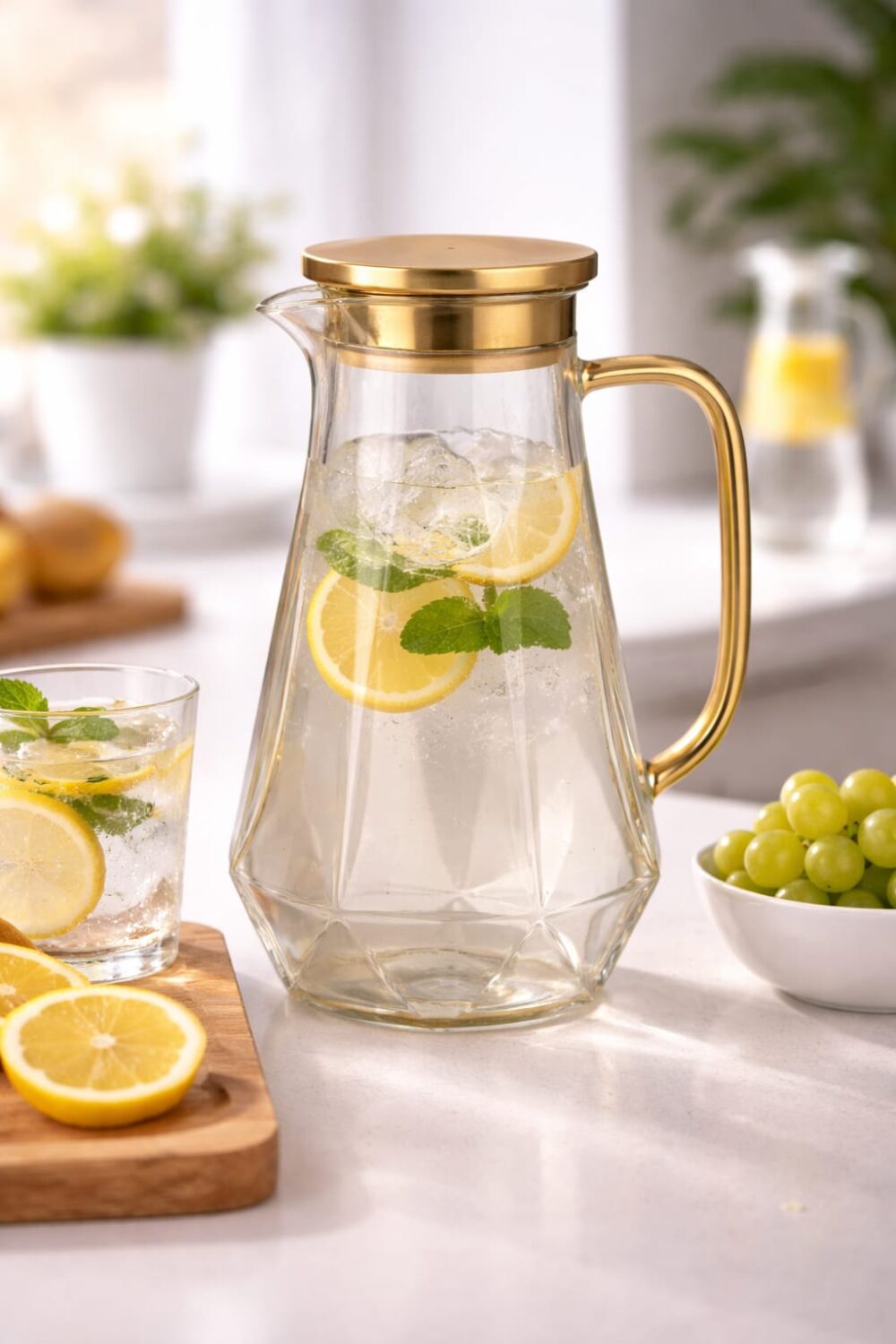 קנקן זכוכית יוקרתי 1.8 ליטר – ידית ומכסה בגימור זהב אלגנטי