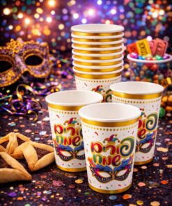 10 כוסות נייר לפורים בעיצוב מסכה זהב – מושלם למסיבות, משלוחי מנות ושולחן חגיגי וצבעוני.