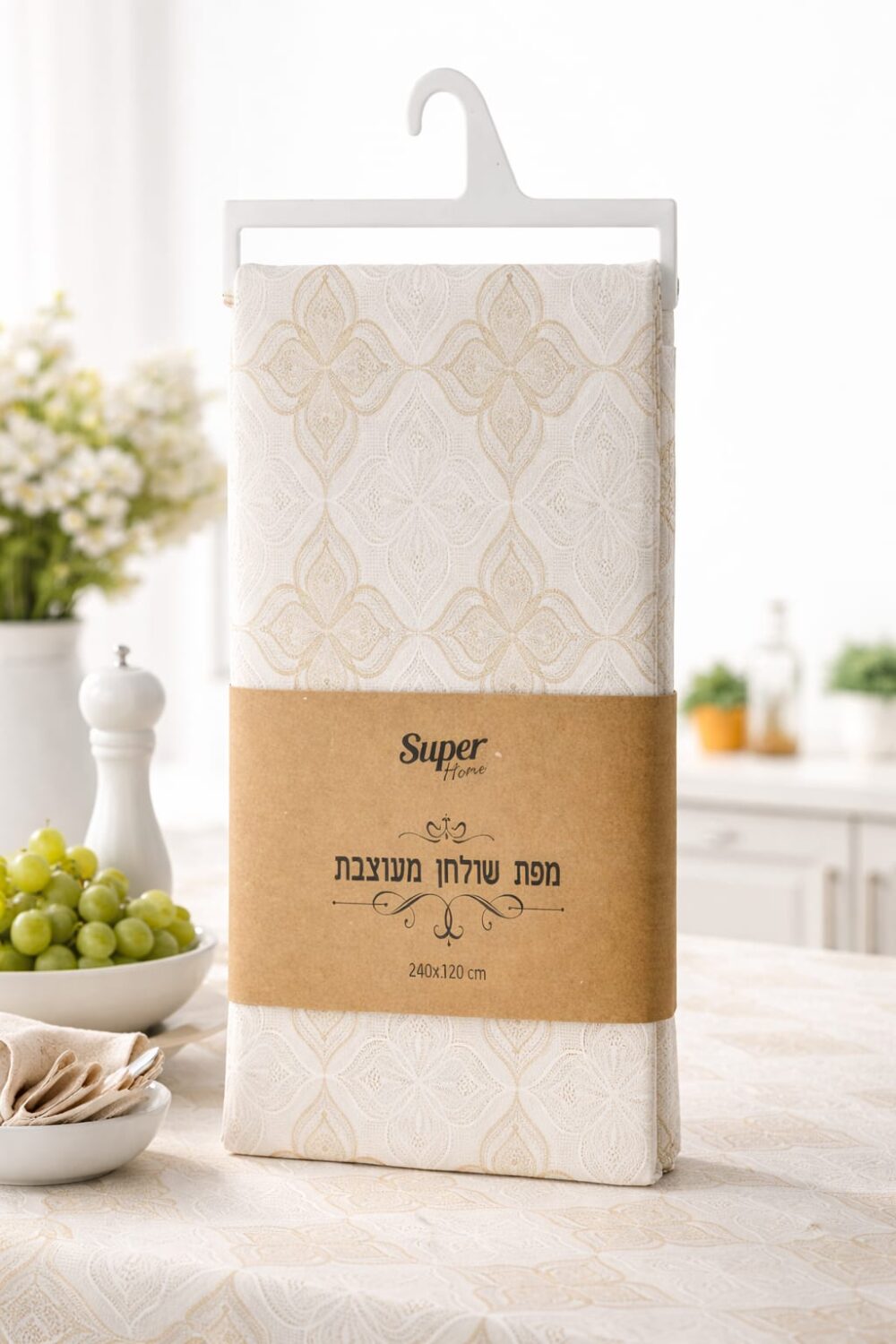 מפת שולחן PVC יוקרתית – זהב לבן 240×140 ס״מ