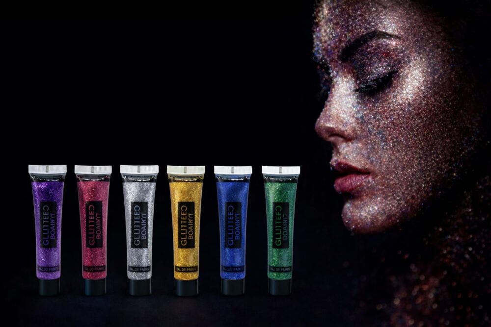 צבעי גוף מנצנצים UV לפורים – איפור ניאון זוהר למסיבות ותחפושות