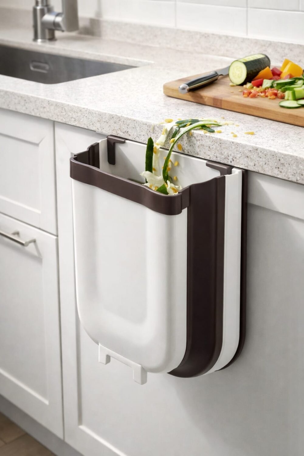 פח אשפה מתקפל לתלייה על ארון –פתרון מושלם ללכלוך ליד הכיור