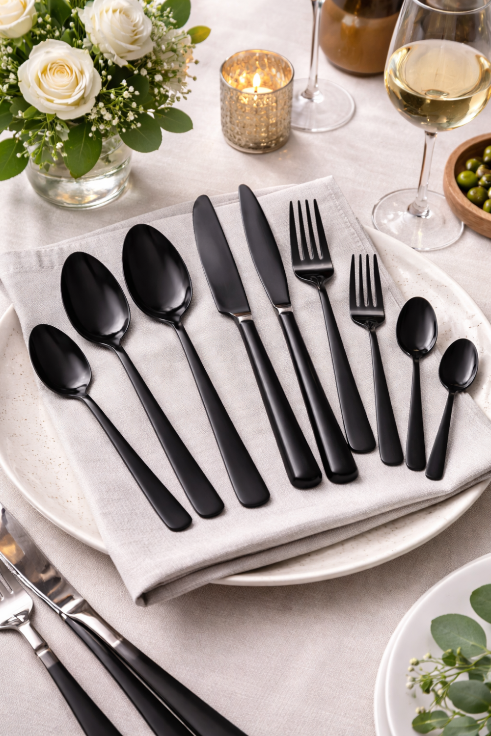 סט סכו״ם יוקרתי 24 חלקים שחור מבריק – מראה פרימיום לשולחן מושלם