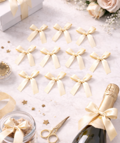 סט 12 פפיוני בד קרם עם מדבקה – קישוט מהיר למתנות, מארזים ואריזות