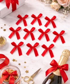 סט 12 פפיוני בד אדומים עם מדבקה – קישוט מהיר למתנות, מארזים ואריזות