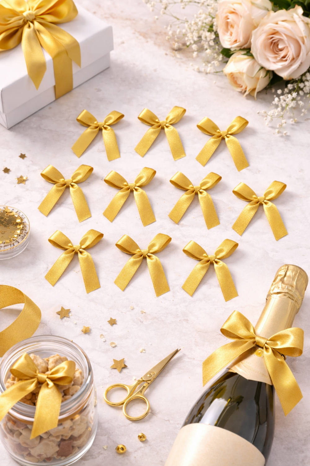 סט 12 פפיוני בד זהב עם מדבקה – קישוט מהיר למתנות, מארזים ואריזות