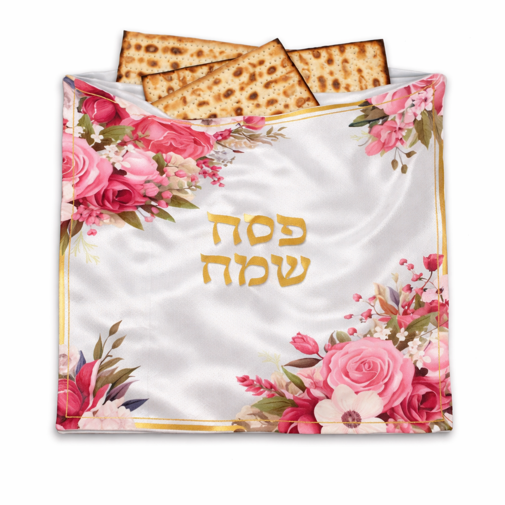 כיסוי למצות "פסח שמח" פרחים ורוד-זהב – 33×33 ס״מ
