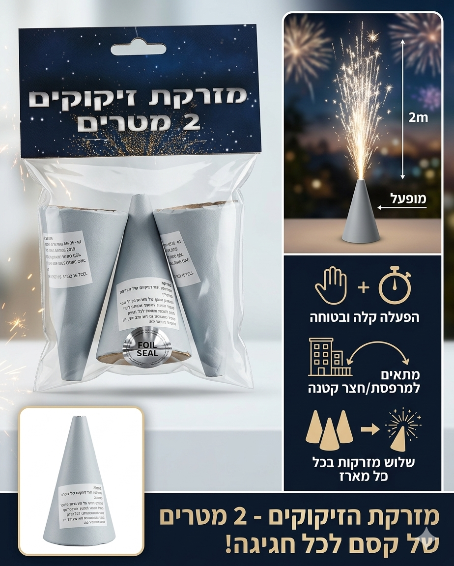 מארז 3 מזרקות זיקוקים – גובה 2 מטר | מופע אור מרהיב