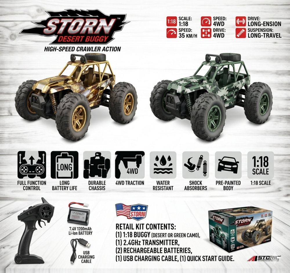 מכונית שלט עוצמתית STORN Desert Buggy 4x4 – מהירות 35 קמ"ש