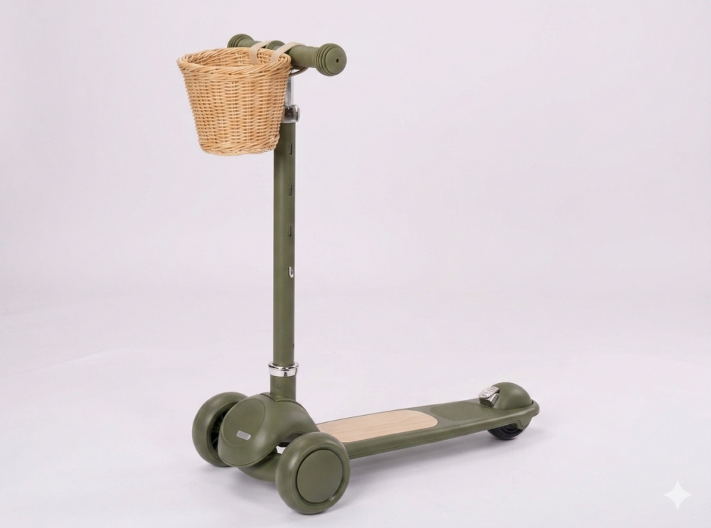 קורקינט 3 גלגלים Retro Line – דגם וינטג' צבע פיסטוק יוקרתי עם סלסלת קש וכידון מתכוונן