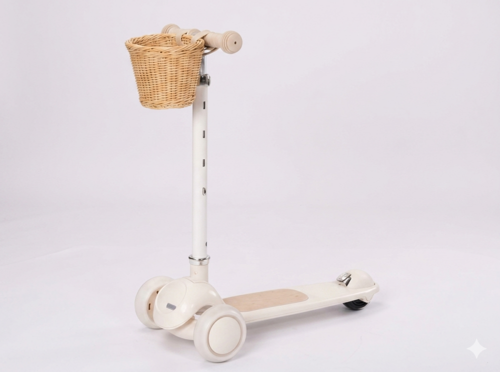 קורקינט 3 גלגלים Retro Line – דגם וינטג' צבע קרם יוקרתי עם סלסלת קש וכידון מתכוונן
